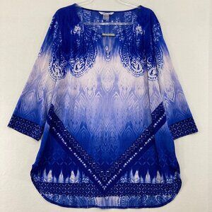 Nygard Top size XL Blue Abstract Boho Embellished Stretch 3/4 Sleeve Casual